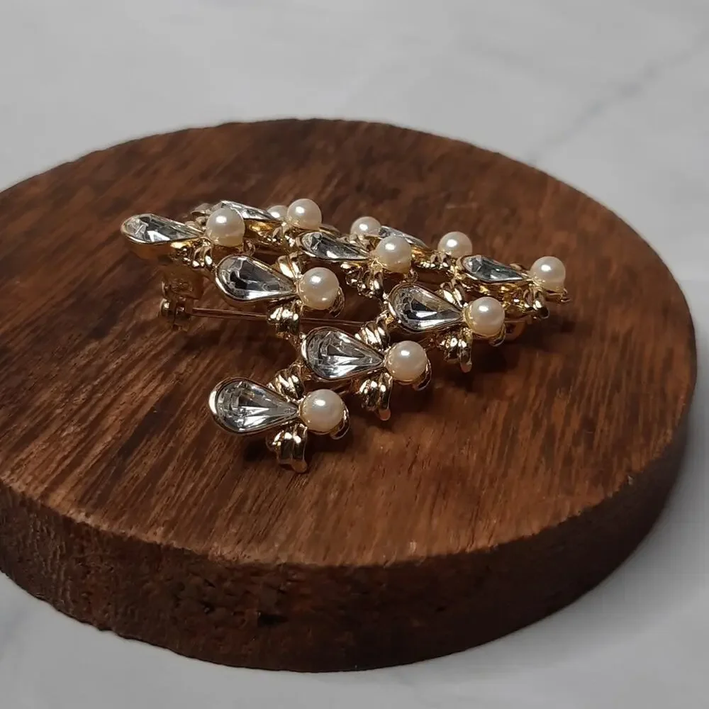 Tree of Angels Brooch Pin Clear Crystal Faux Pearl Gold Tone
